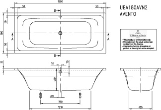 Villeroy & Boch Badewanne „Avento“ rechteck 180 × 80 cm, Mittelablauf