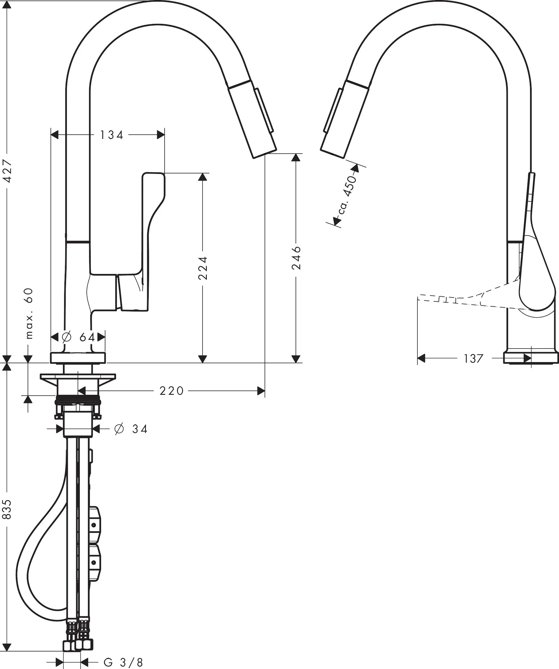 Hansgrohe Axor Citterio Spültischmischer chrom mit Ausziehbrause, ComfortZone 250, Schwenkbereich 110° oder 150°, Laminarstrahl, arretierbar, MagFit Halterung, Quick-Connect Schlauch, max. Durchfluss 9,2 l/min, Keramikmischsystem, Temperaturbegrenzung, R