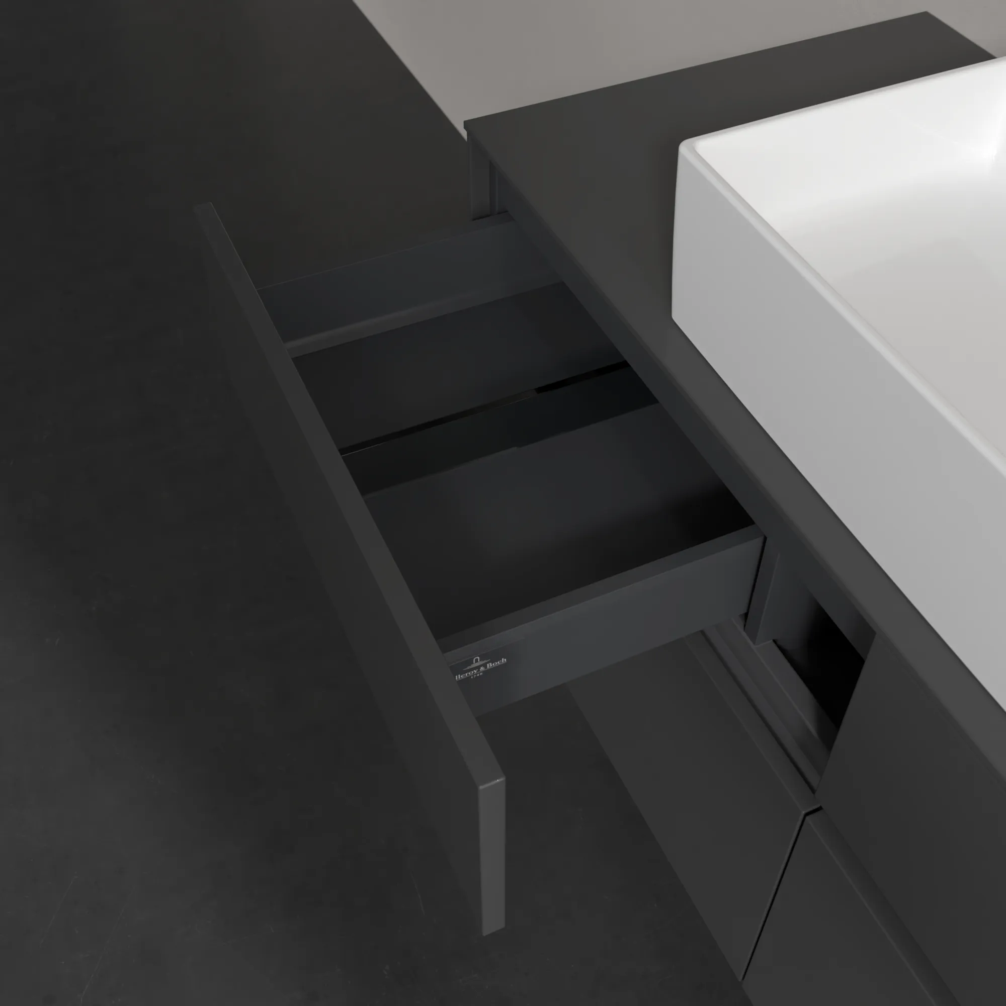 Villeroy & Boch Waschtischunterschrank „Collaro“ 1200 × 548 × 500 mm Glossy Grey, mit Beleuchtung, für Becken mittig