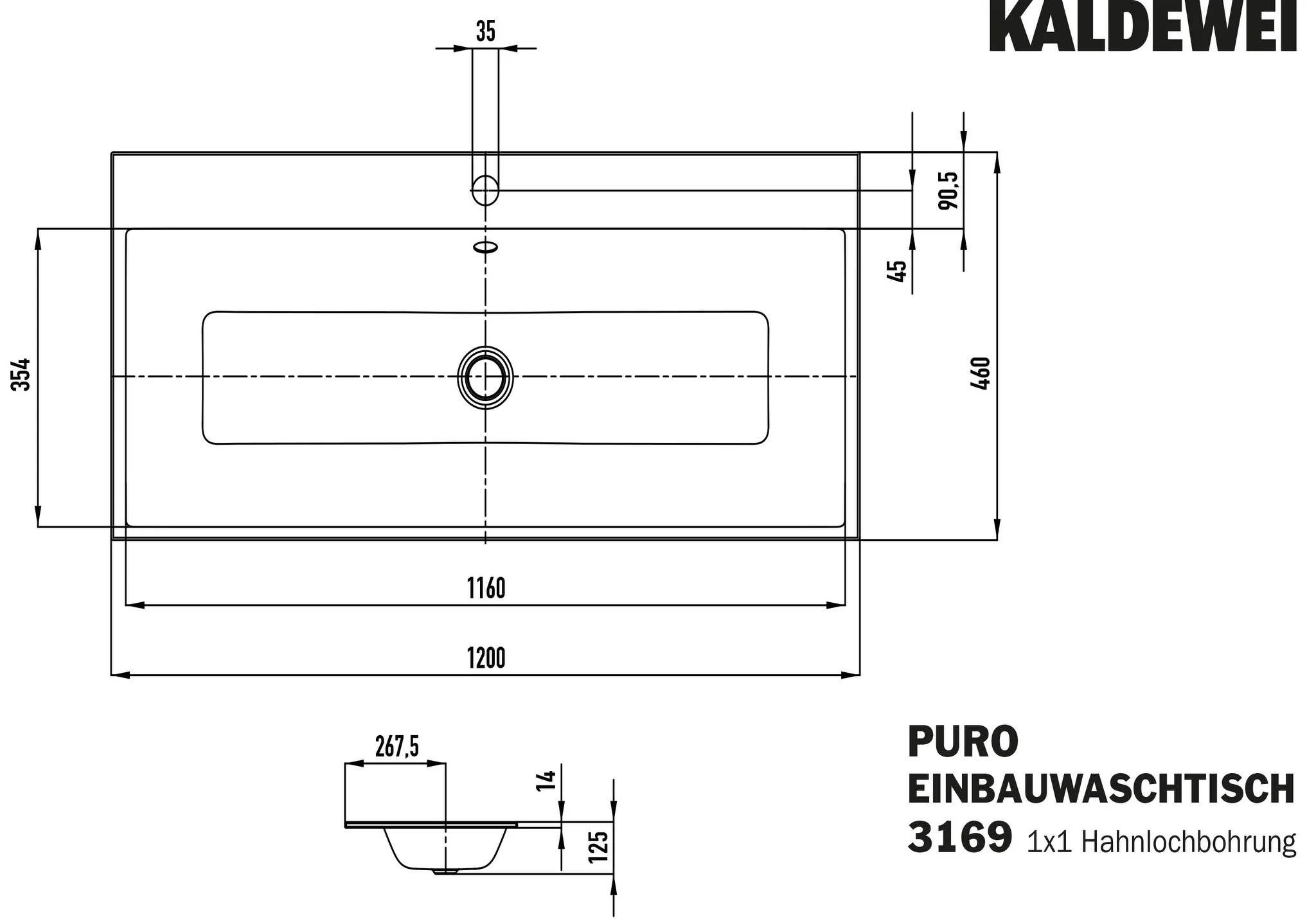 Kaldewei PURO Einbauwaschtisch, 1200x460 mm, Alpinweiß, Perl-Effekt, Antidröhn, 1x Hahnlochbohrung, mit Überlauf, chrom Kaldewei PURO Einbauwaschtisch, 1200x460 mm, Alpinweiß, Perl-Effekt, Antidröhn, 1x Hahnlochbohrung, mit Überlauf, chrom