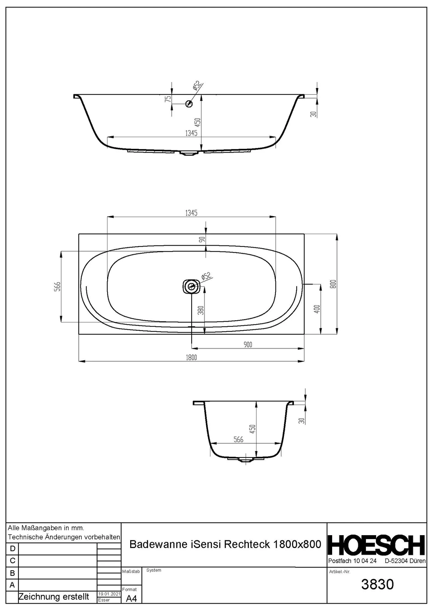 Hoesch Badewanne „iSensi“ rechteck 1800 × 800 mm