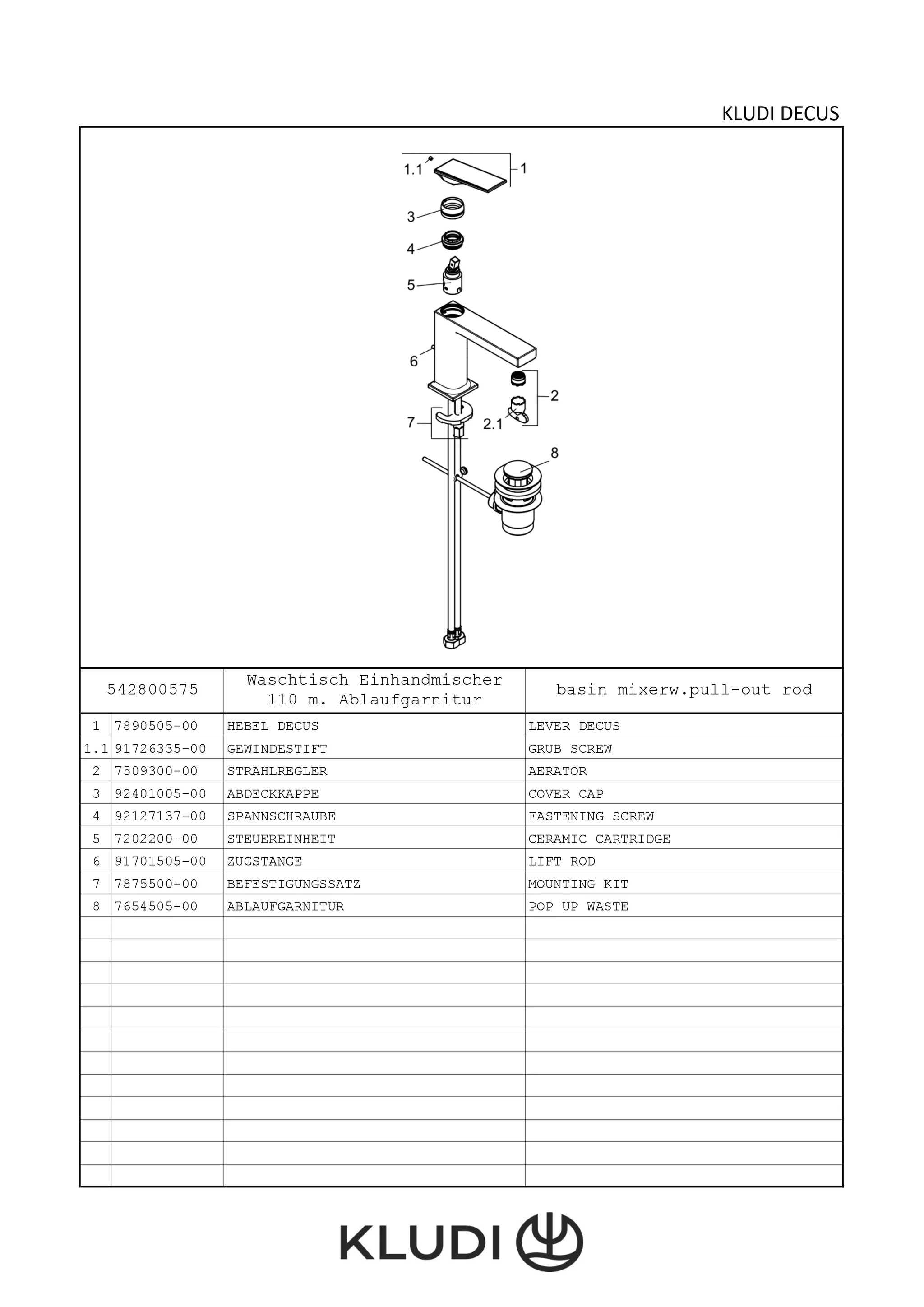 Kludi-DECUS Waschtisch-Einhandmischer 110 DN 15, chrom, 4,5 l/min, DVGW-zugelassen