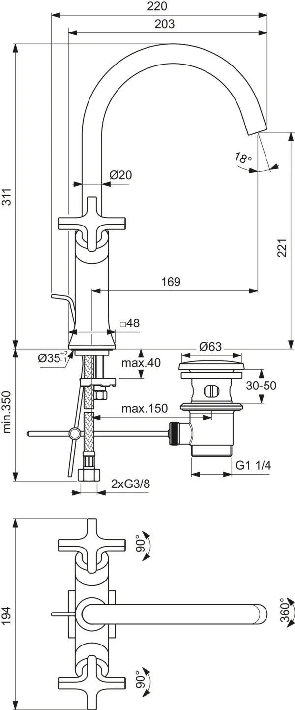 Zweihand-Waschtischarmatur „JoyNeo“ Ausladung 169 mm in Chrom