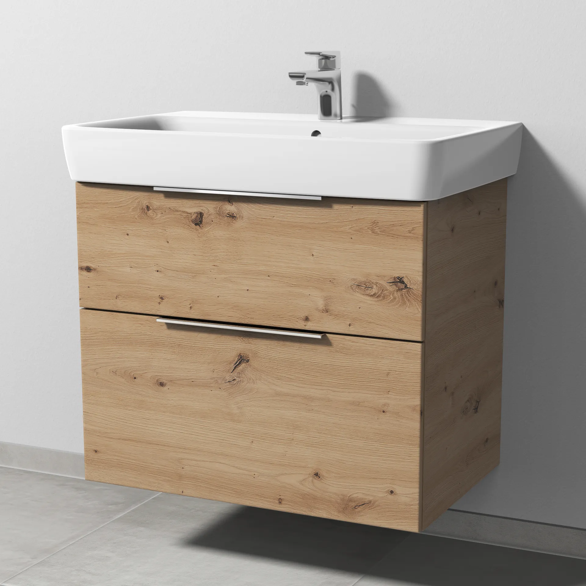 Sanipa Waschtischunterschrank „3way“ passend zu Keramik-Waschtische Renova Plan von Geberit 690 × 588 × 407 mm in Eiche Natural-Touch, Becken mittig