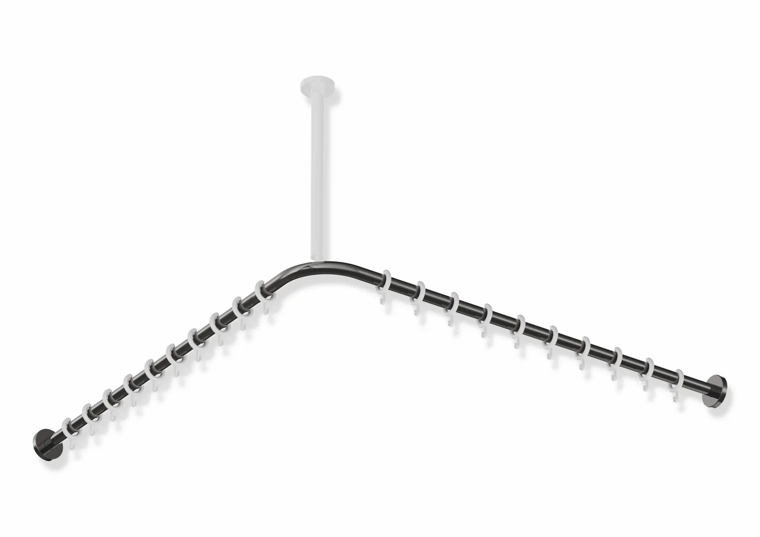 HEWI System 900 Vorhangstange, Edelstahl PVD, Achsmaß 987x987 mm, 20 Ringe, Schwarzchrom glänzend HEWI System 900 Vorhangstange, Edelstahl PVD, Achsmaß 987x987 mm, 20 Ringe, Schwarzchrom glänzend