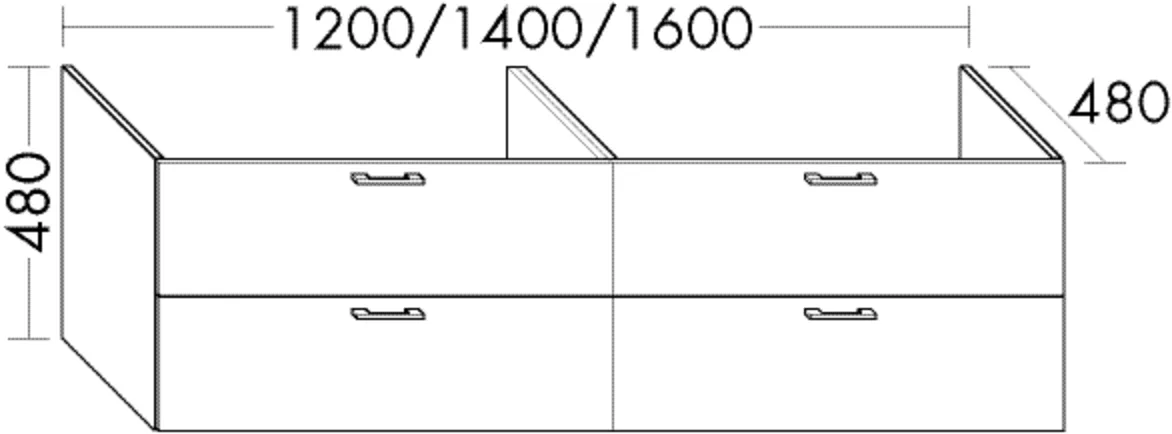 Waschtischunterschrank Sys30 von burgbad - 1200 mm breit, 480 mm hoch und tief, 2 Schubladen oben mit Siphonausschnitt, 2 Auszüge unten