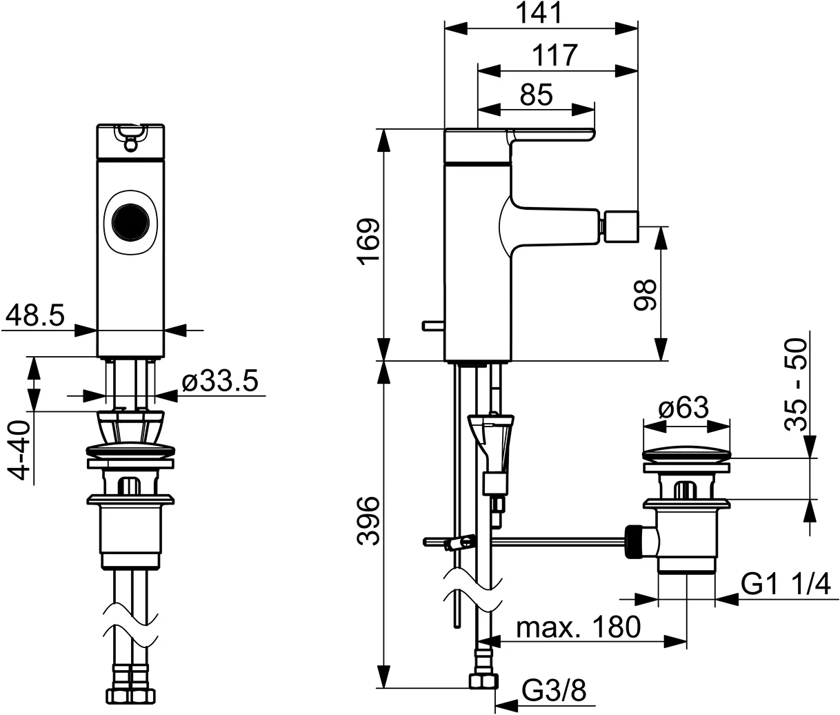 HansaDESIGNO Style Bidetarmatur EHM 5173 Zugst.Ablgarn. Ausld. 117 DN15 Chrom