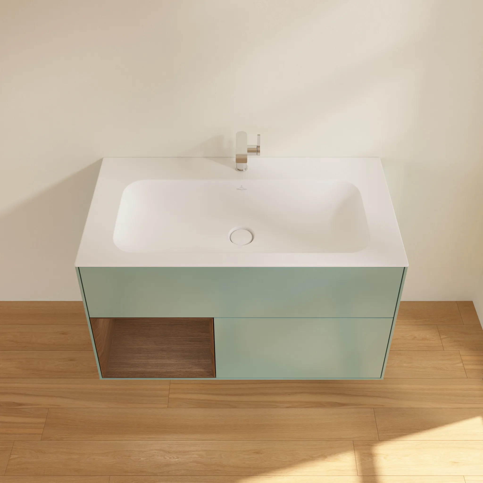 Villeroy & Boch Finion Waschbeckenunterschrank F03 996x591x498mm Olive Matt Lacquer/Walnut Veneer