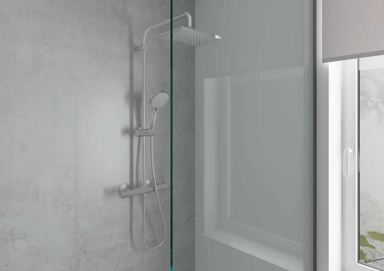 Hansgrohe Vernis Shape Showerpipe 230 1jet mit Thermostat, Chrom, 426 mm Brausearmlänge, Aufputzinstallation