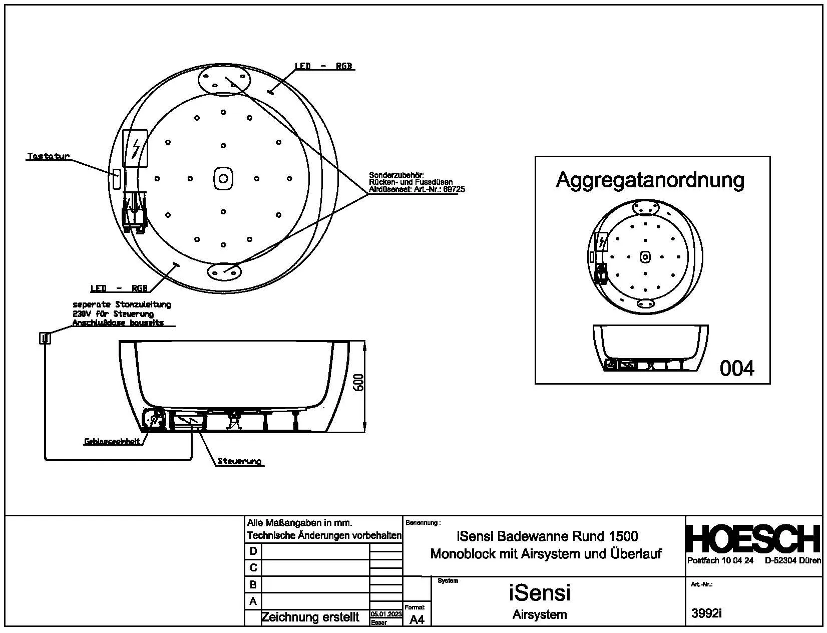 Hoesch Whirlwanne „iSensi“ Monolith mit Airsystem „iSensi“ freistehend rund ⌀ 1500 mm in Weiß-Schwarz