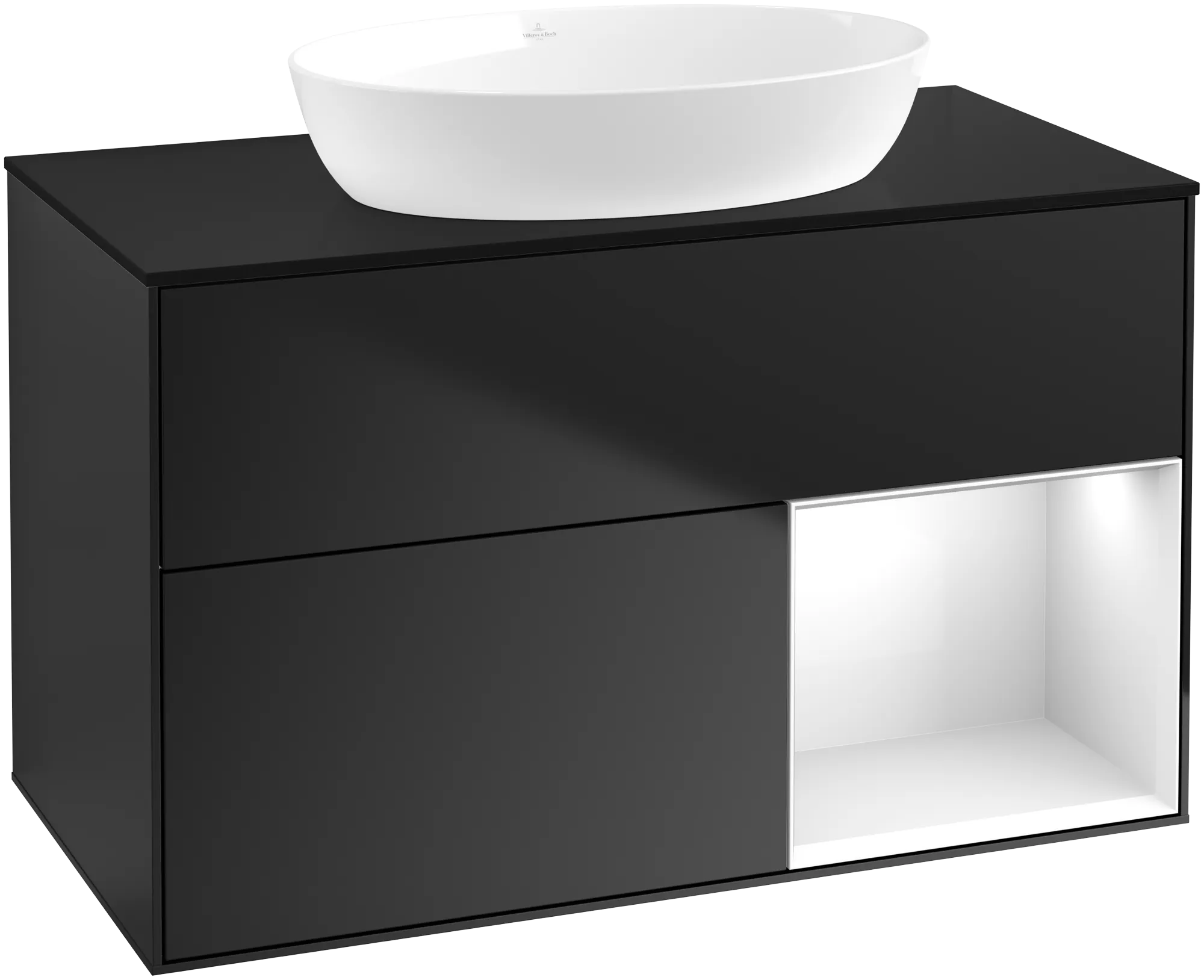 Villeroy & Boch Finion Waschbeckenunterschrank FA2, 1000 x 603 x 501 mm, Black Matt Lacquer / Glossy White Lacquer / Glass Black Matt