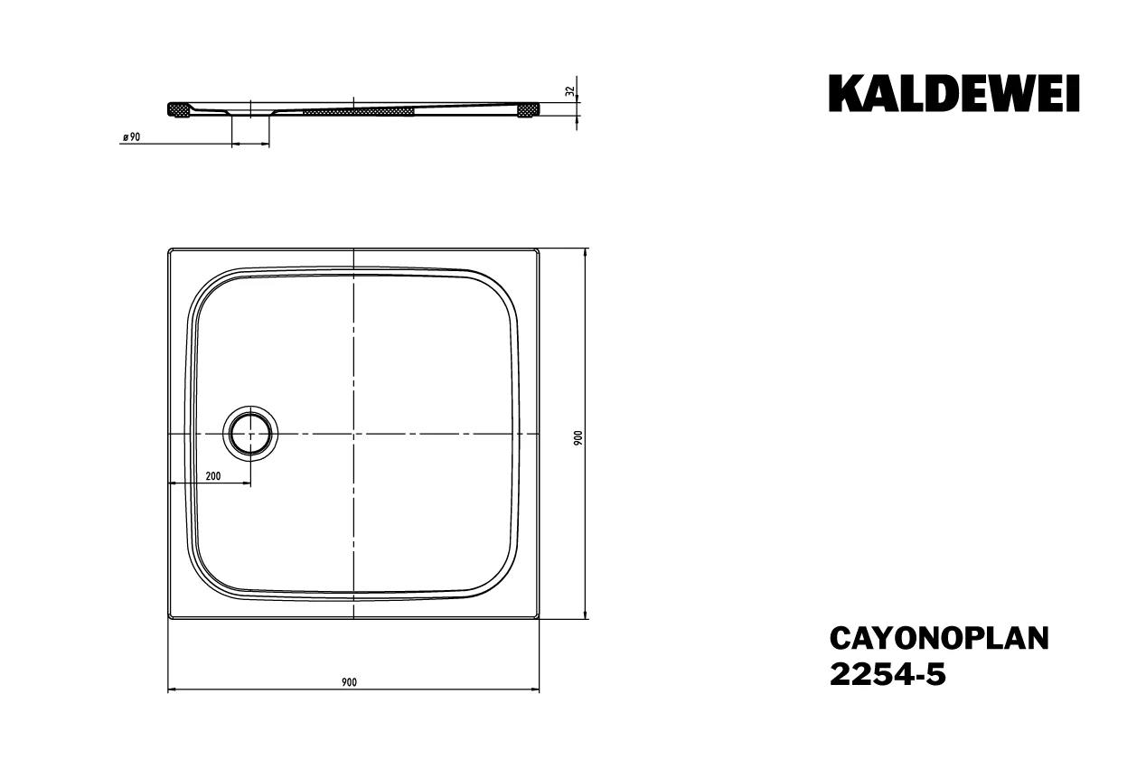 Kaldewei CAYONOPLAN Duschfläche extraflach, alpinweiß, 900x900 mm, Randhöhe 32 mm, seitlicher Ablauf