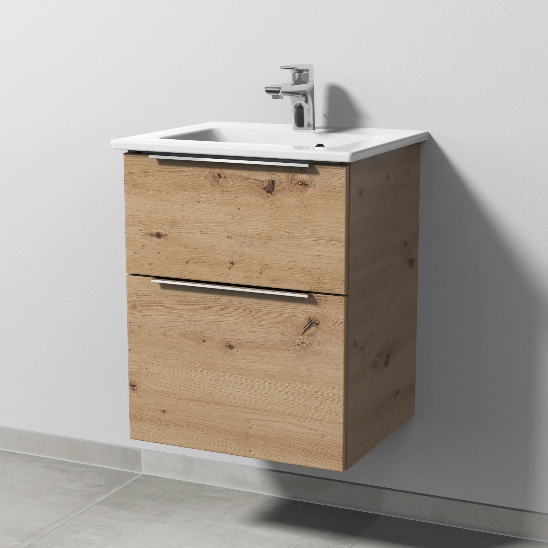 Keramik-Waschtisch-Set mit Waschtischunterschrank „3way“ 46,5 × 40,1 × 59,1 cm in Eiche Natural-Touch, mit Hahnlochbohrung, Becken mittig