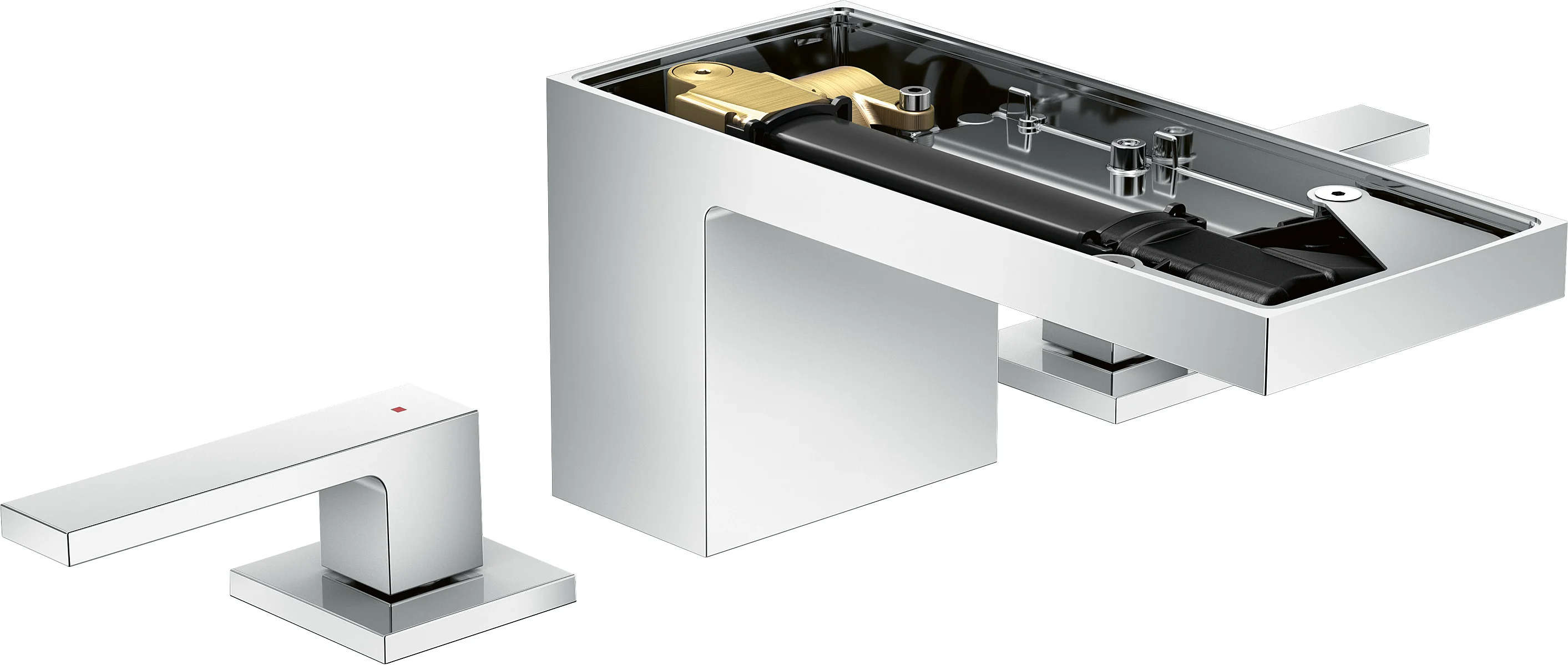 Hansgrohe AXOR MyEdition 3-Loch Waschtischarmatur Chrom, Ausladung 151 mm, Auslaufhöhe 70 mm, Hebelgriff, PowderRain Strahlart, max. Durchfluss 5 l/min, DN15 Anschluss Hansgrohe AXOR MyEdition 3-Loch Waschtischarmatur Chrom, Ausladung 151 mm, Auslaufhöhe 70 mm, Hebelgriff, PowderRain Strahlart, max. Durchfluss 5 l/min, DN15 Anschluss