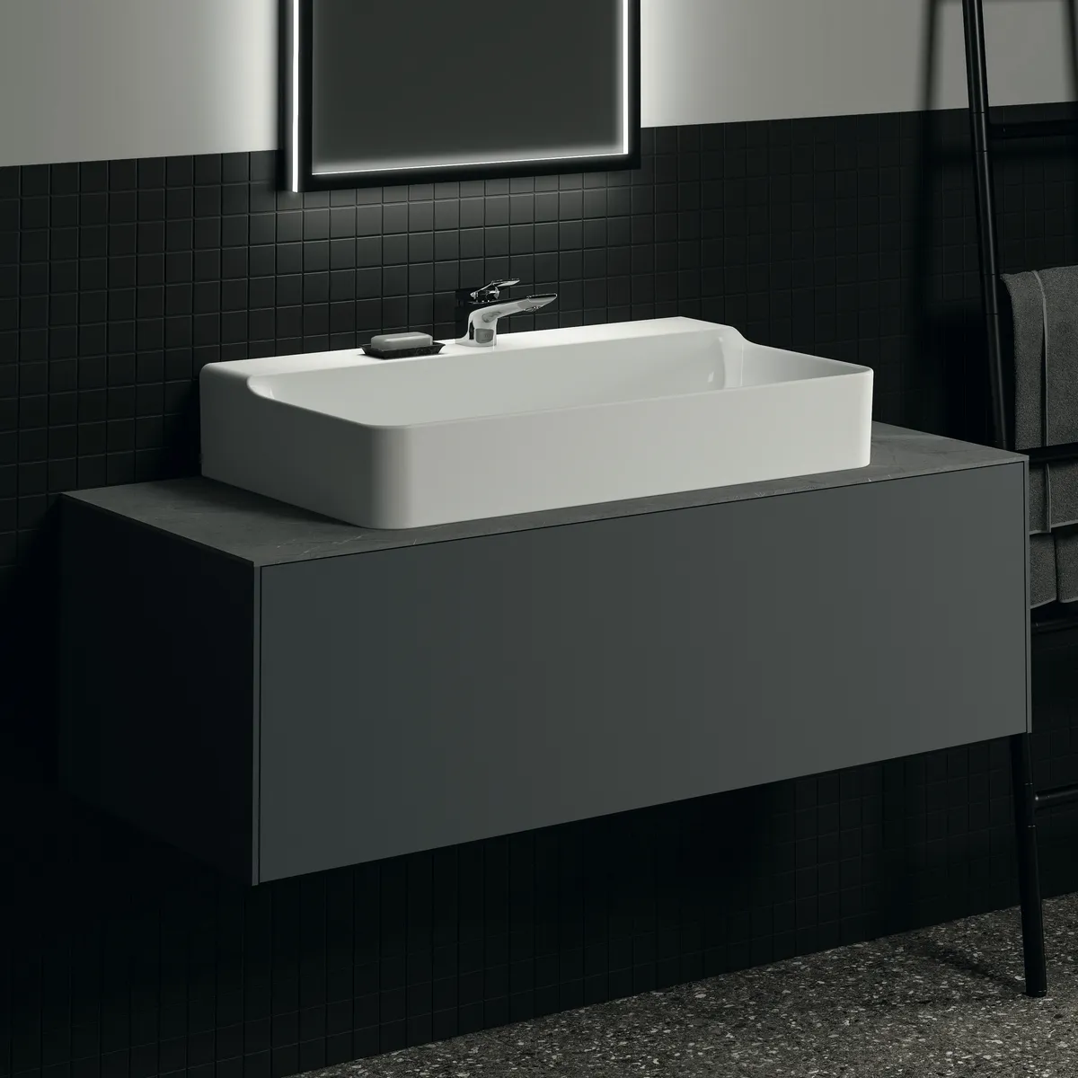 Waschtischplatte Conca, aus Keramik, 1202x505x6mm, Marmor Noir Desir