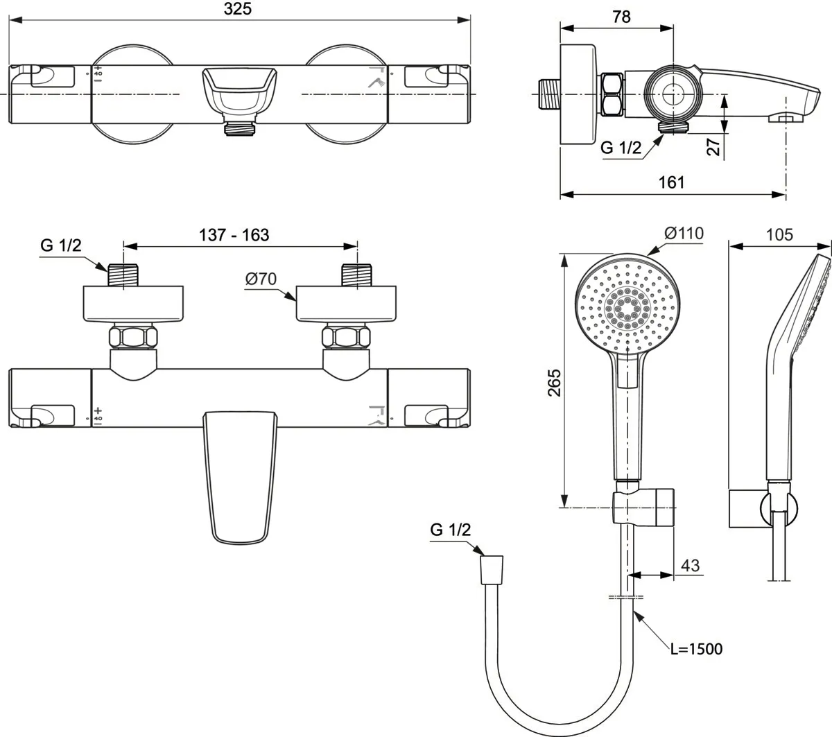 Badethermostat Aufputz Ceratherm T50 mit Handbrauseset Chrom Badethermostat Aufputz Ceratherm T50 mit Handbrauseset Chrom