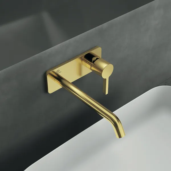 Wand-Waschtischarmatur Joy, Bausatz 2, eckige Rosette, Ausladung 220mm, Brushed Gold Wand-Waschtischarmatur Joy, Bausatz 2, eckige Rosette, Ausladung 220mm, Brushed Gold