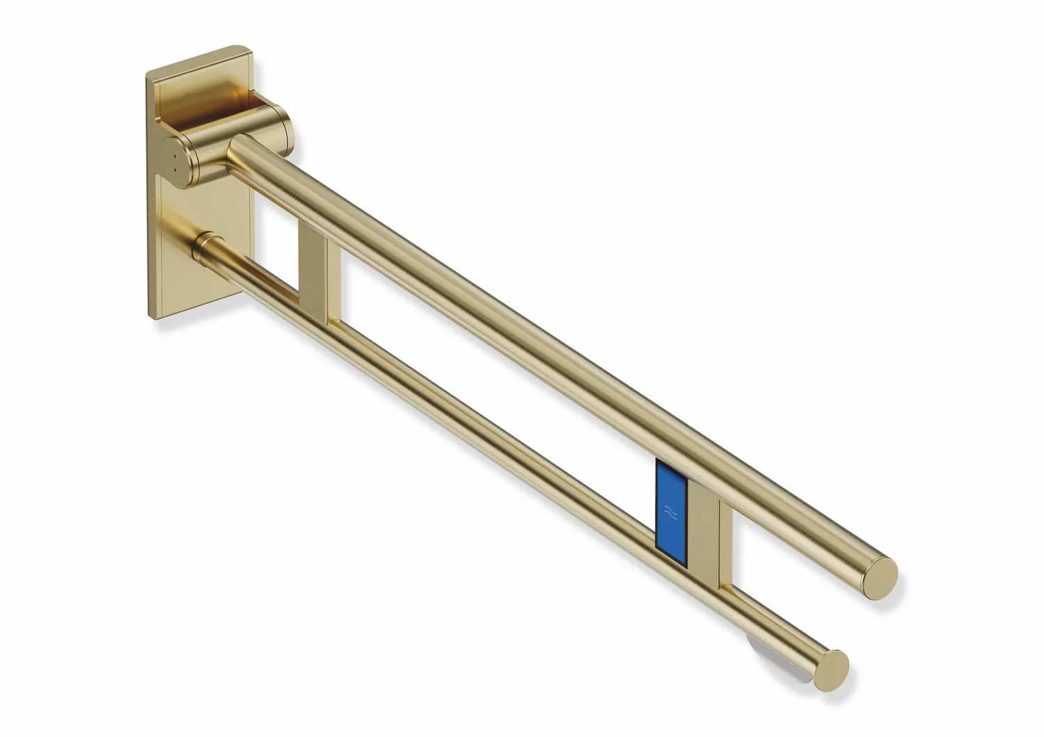 Mobiler Stützklappgriff Duo, Design A des Systems 900, Edelstahl, PVD, Ausladung 900 mm, mit WC-Papierhalter und Funk-Spülauslösung, Ausführung links,