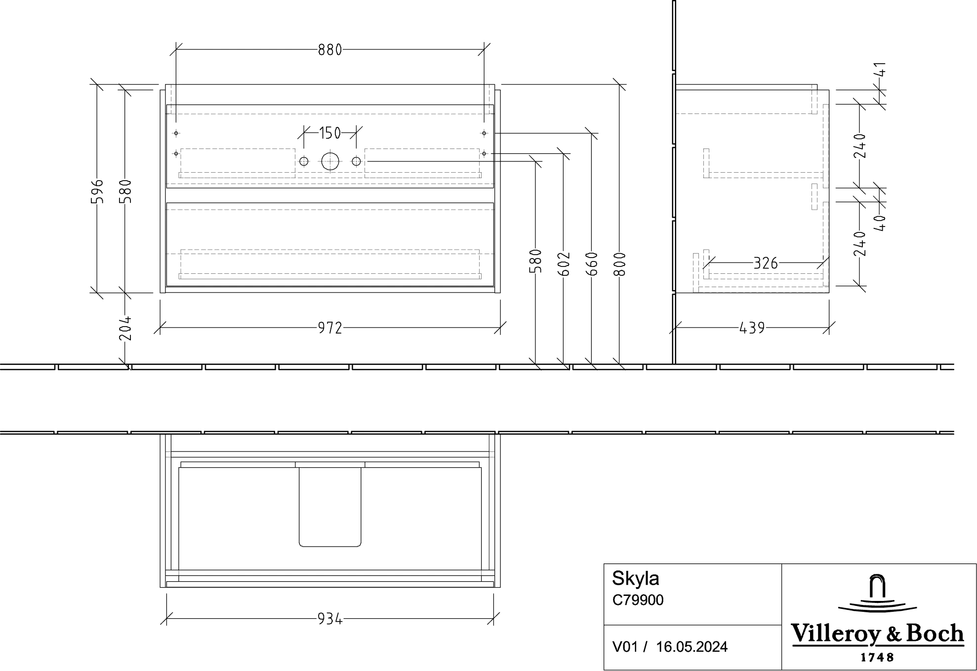 Villeroy & Boch Waschtischunterschrank „Skyla“ 972 × 596 × 439 mm Graphite