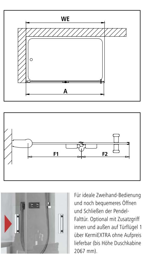 Kermi Duschdesign Walk-In-Duschkabine Pendel-Falt rechts „DIGA“ Glas SR Opaco, BV: 880 - 900 mm WE: 890 - 910 mm H: 2000 mm