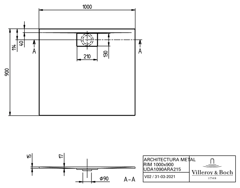 Villeroy & Boch rechteck Duschwanne „Architectura MetalRim“ 100 × 90 cm mit Antirutsch (VILBOgrip), in Weiß Alpin