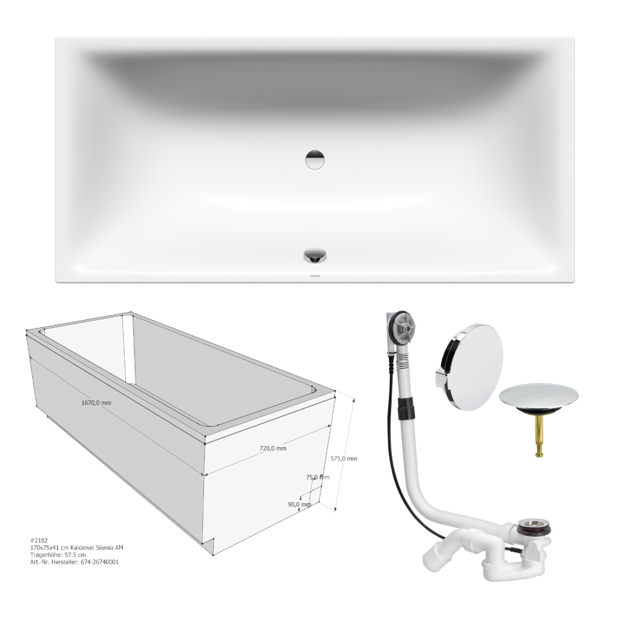 Set Badewanne Silenio 170 × 75 cm mit Träger und Viega-Ablauf