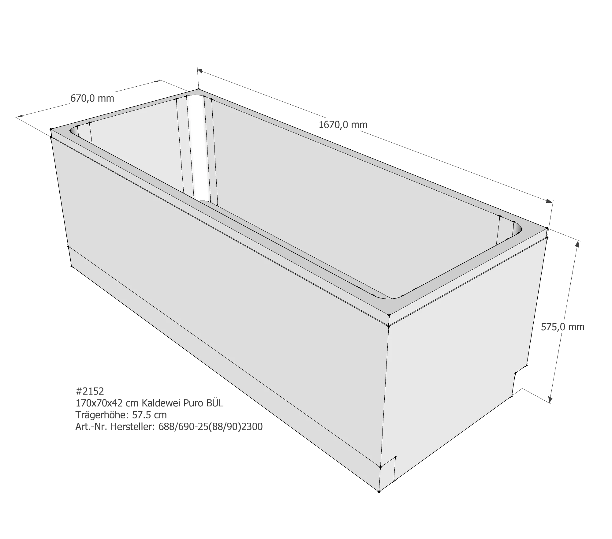 Badewannenträger passend für Kaldewei Puro 170 × 70 × 42 cm