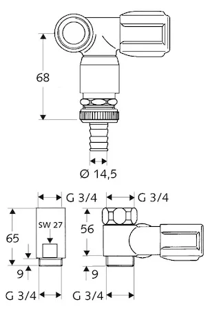 NA-Ventil COMFORT, RFV im Abgang Geräteanschluss, RB im Abgang Geräteanschluss, DN 20 G 3/4 AG (rechts), Schlauchverschraubung Ø 14,5 mm (DN 20 G 3/4 AG), DN 20 G 3/4 IG, chrom
