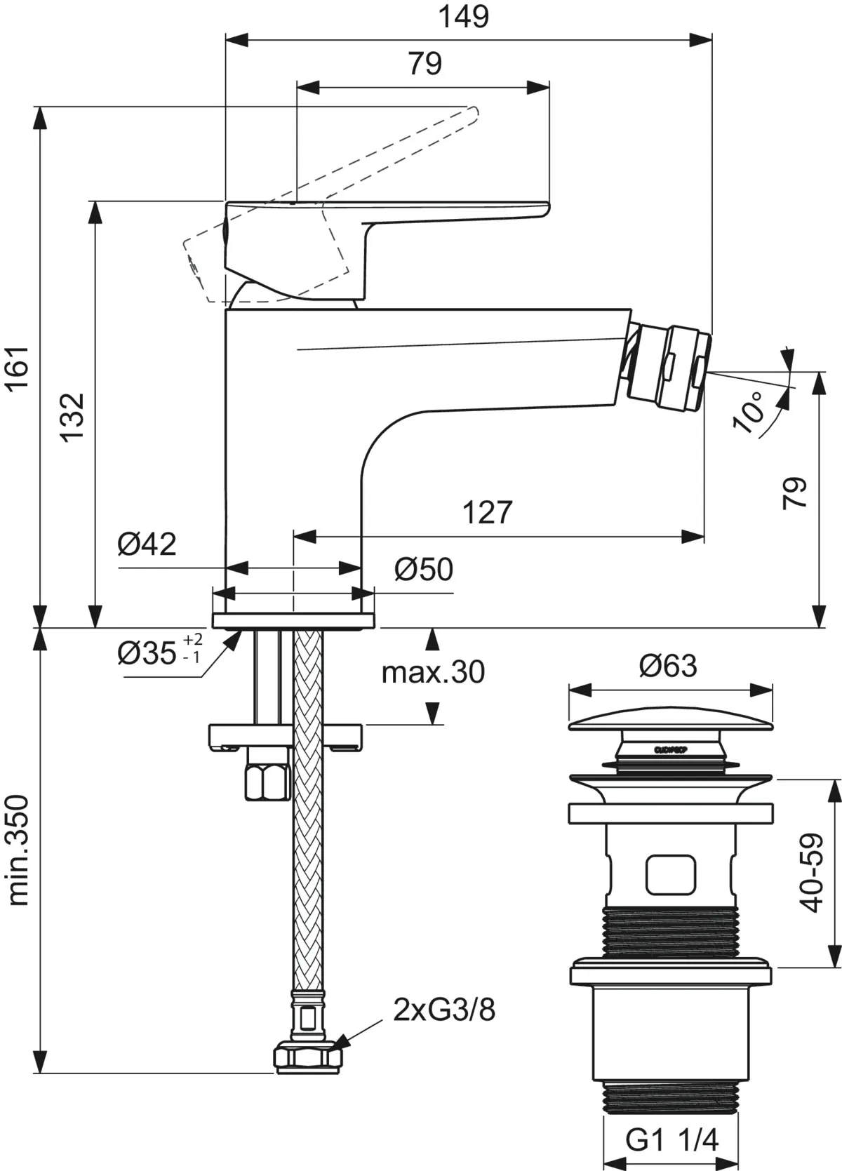 Bidetarmatur Cerafine O mit Push-Open-Ventil Ausladung 132mm Rose