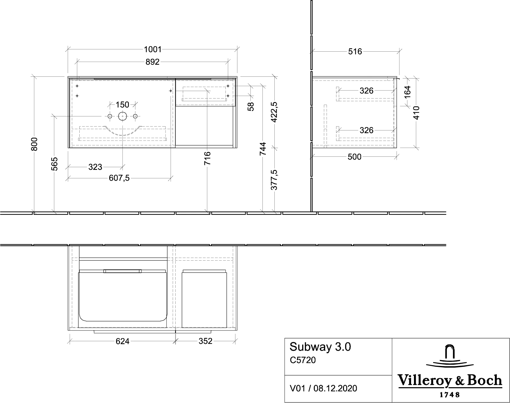 Villeroy & Boch Waschtischunterschrank mit Regalelement „Subway 3.0“ für Schrankwaschtisch 1001 × 423 × 516 mm Volcano Black, für Becken links Villeroy & Boch Waschtischunterschrank mit Regalelement „Subway 3.0“ für Schrankwaschtisch 1001 × 423 × 516 mm Volcano Black, für Becken links