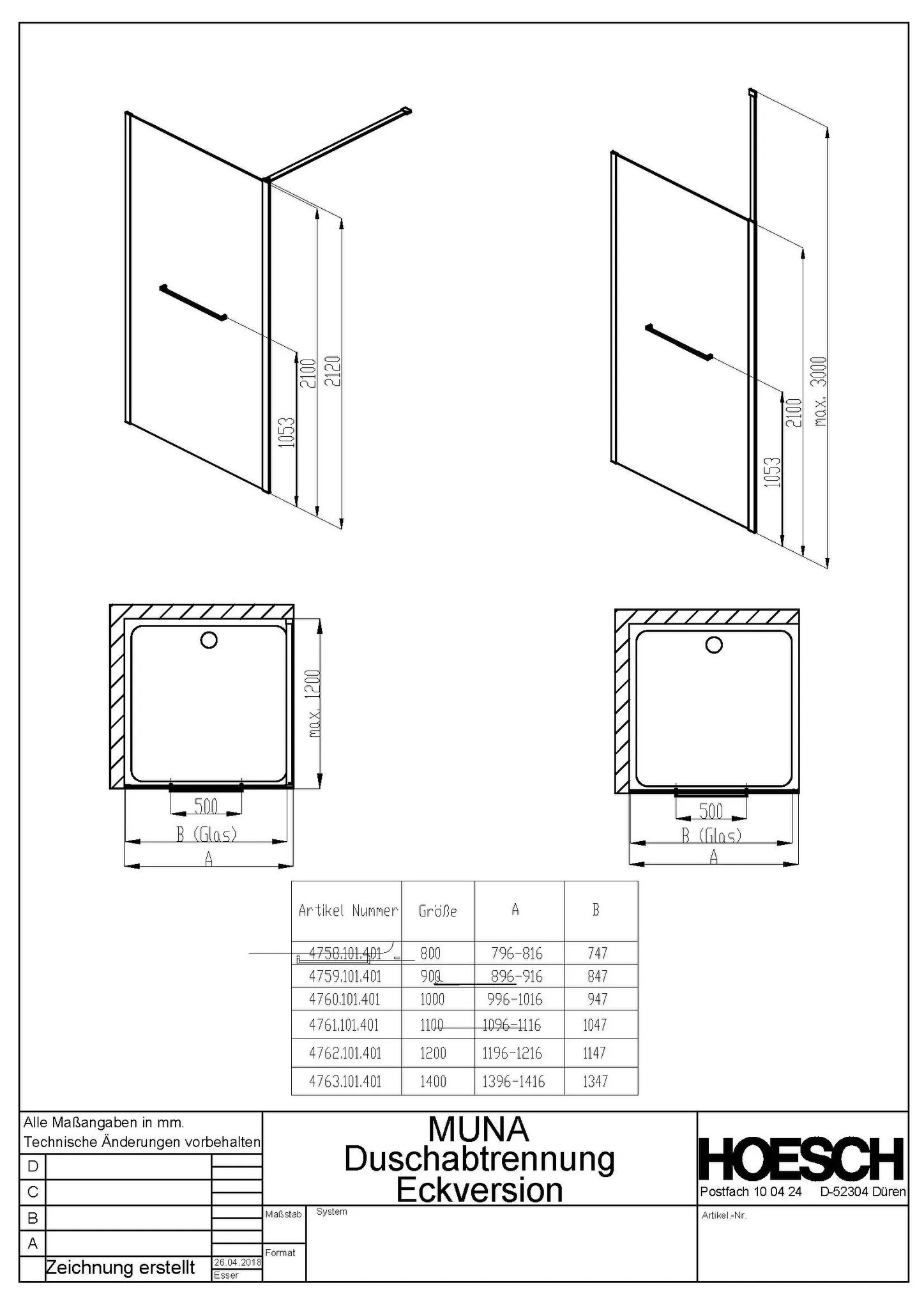 Hoesch Walk-In-Duschkabine für Ecke „Muna“ Profile schwarz, H: 2100 mm