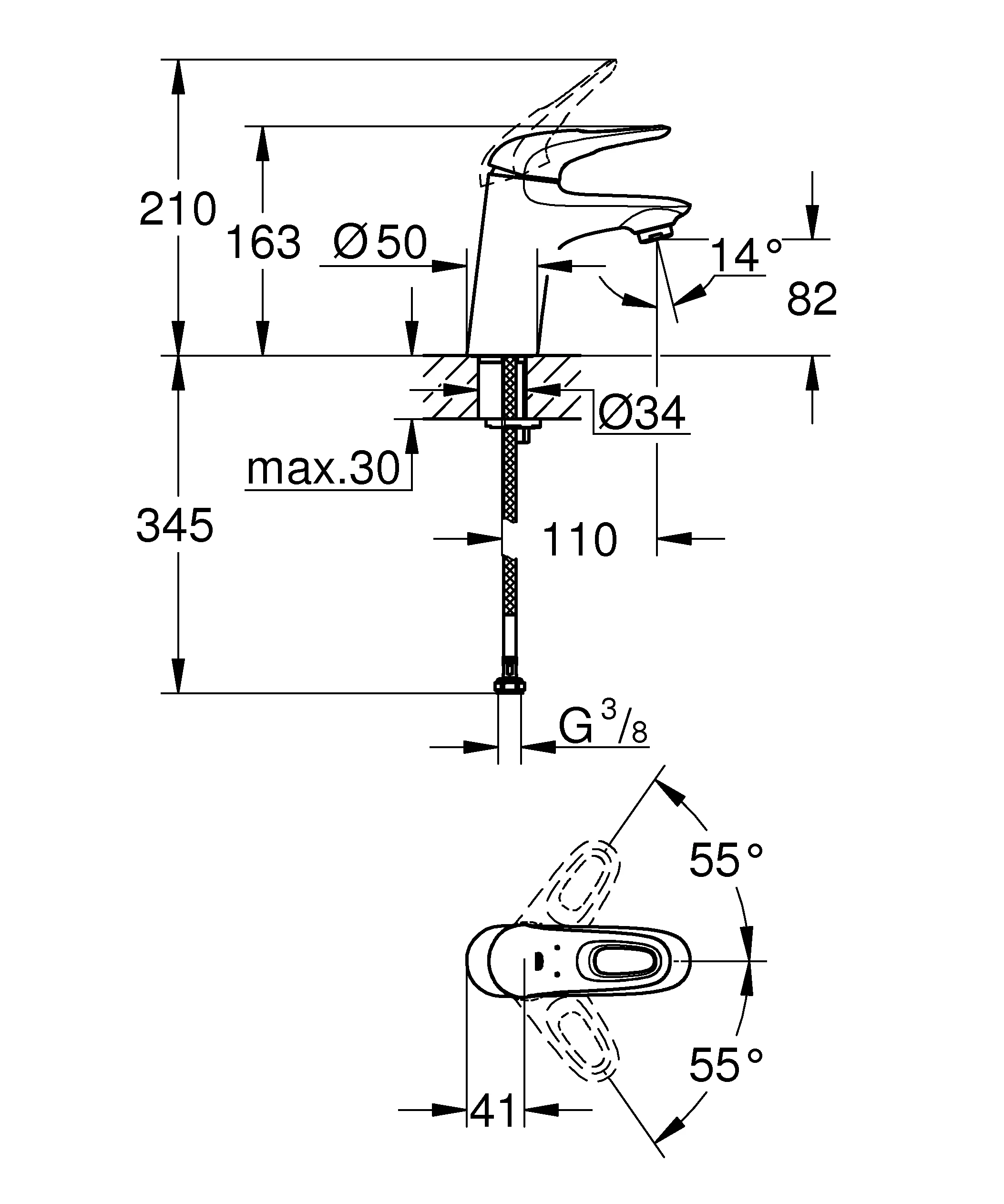 Einhand-Waschtischbatterie Eurostyle 32468_3, S-Size, Einlochmontage, offener Metall-Hebelgriff, glatter Körper, chrom