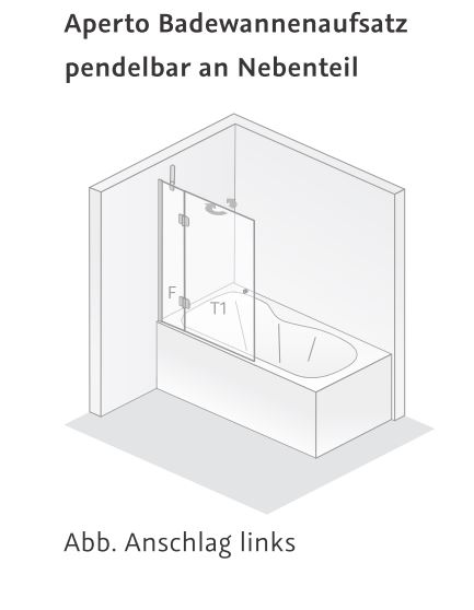 HSK teilgerahmt Badewannenaufsatz 2-teilig „Aperto“ pendelbar an Nebenteil Glas Bodennebel, Profile Chromoptik (Alu Hochglanz poliert), B: 1140 mm H: 1500 mm