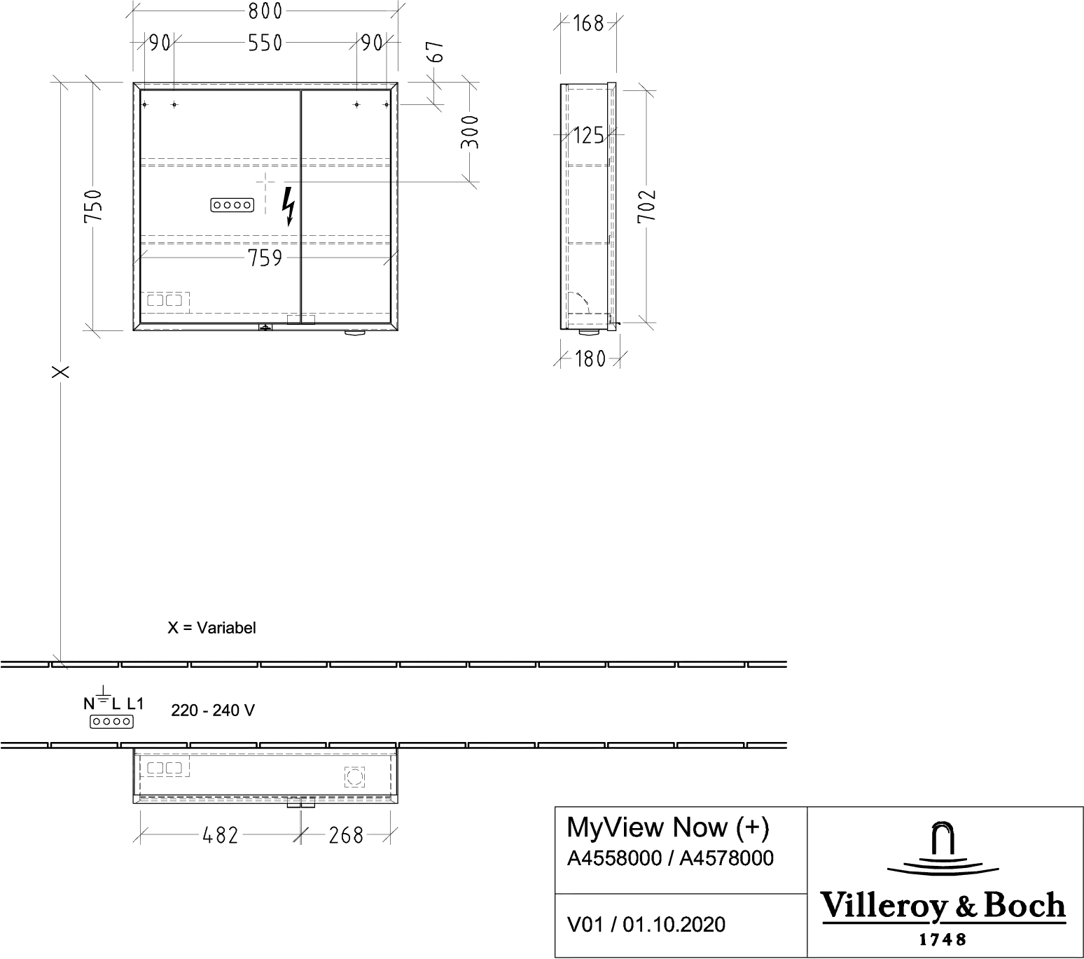 Villeroy & Boch Aufputz-Spiegelschrank „My View+“ 800 × 750 × 168 mm in Brilliant White
