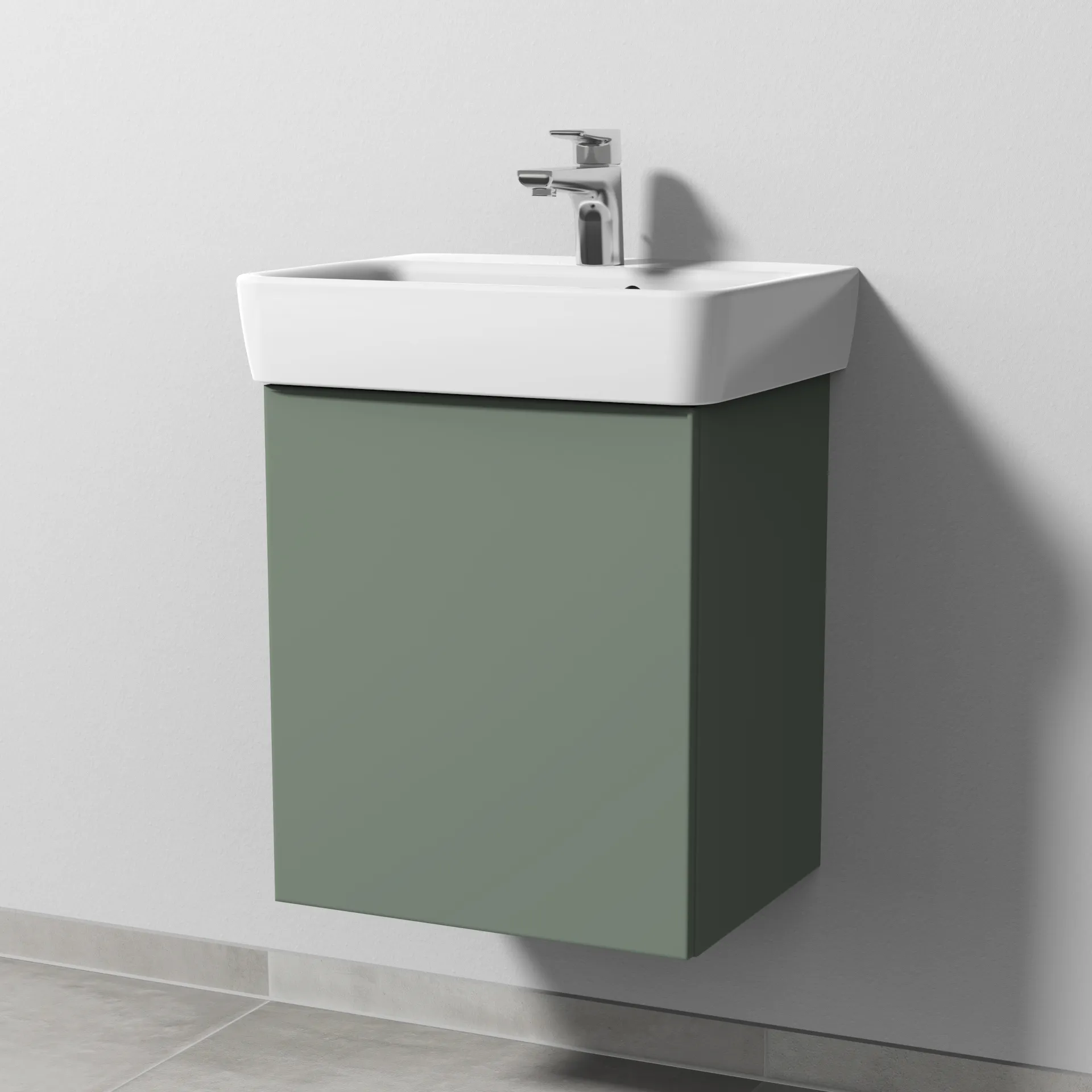 Sanipa Waschtischunterschrank „3way“ passend zu Keramik-Waschtische Renova Plan von Geberit 440 × 520 × 352 mm in Soft-Green, Anschlag links