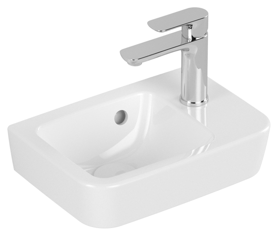 Handwaschbecken Compact O.novo 434336, 360 x 250 mm, Eckig, Becken links, 1HL. Hahnloch rechts durchgestochen, mit Überlauf, Weiß Alpin