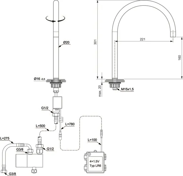 Berührungslose Waschtischarmatur Solos Batterie (6 V), rund Brushed Gold