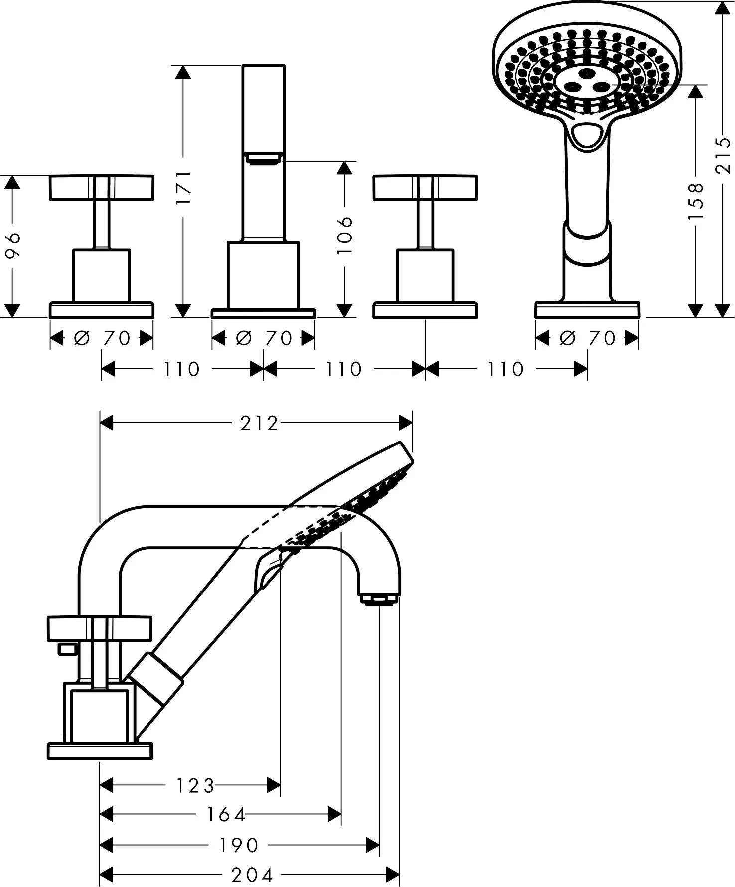Hansgrohe AXOR Citterio 4-Loch Wannenrandarmatur mit Kreuzgriffen, Chrom, Ausladung 190 mm Hansgrohe AXOR Citterio 4-Loch Wannenrandarmatur mit Kreuzgriffen, Chrom, Ausladung 190 mm