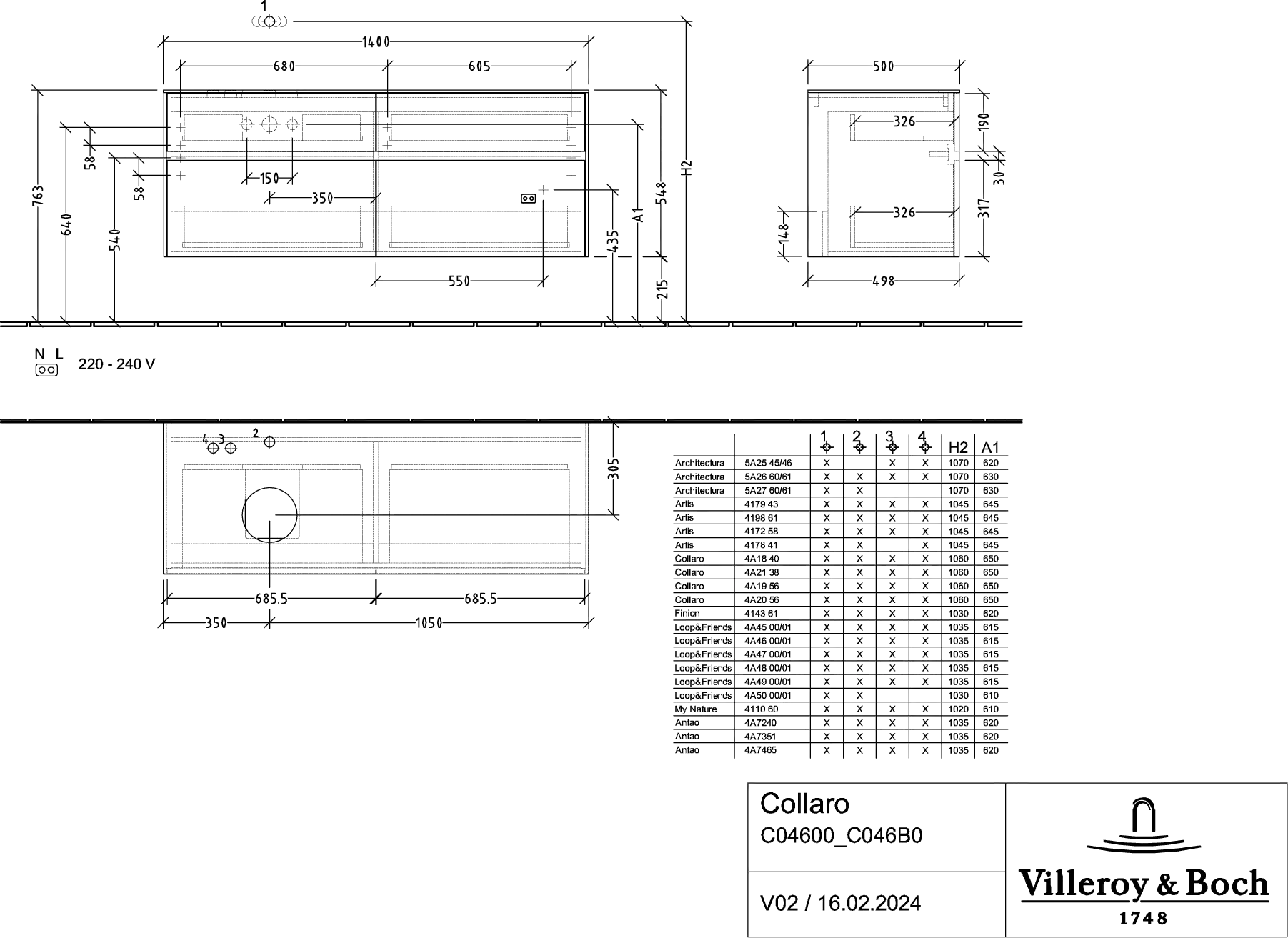 Villeroy & Boch Waschtischunterschrank „Collaro“ 1400 × 548 × 500 mm Weiß Matt, ohne Beleuchtung, für Becken links
