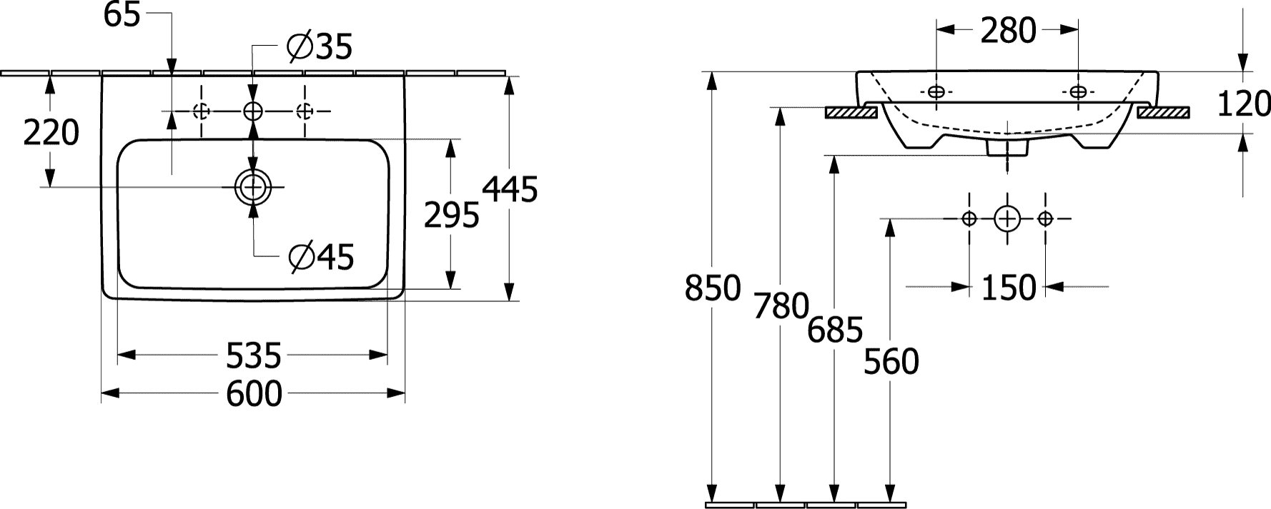 Villeroy & Boch Architectura Waschbecken 600x445mm, Rechteck, Weiß Alpin