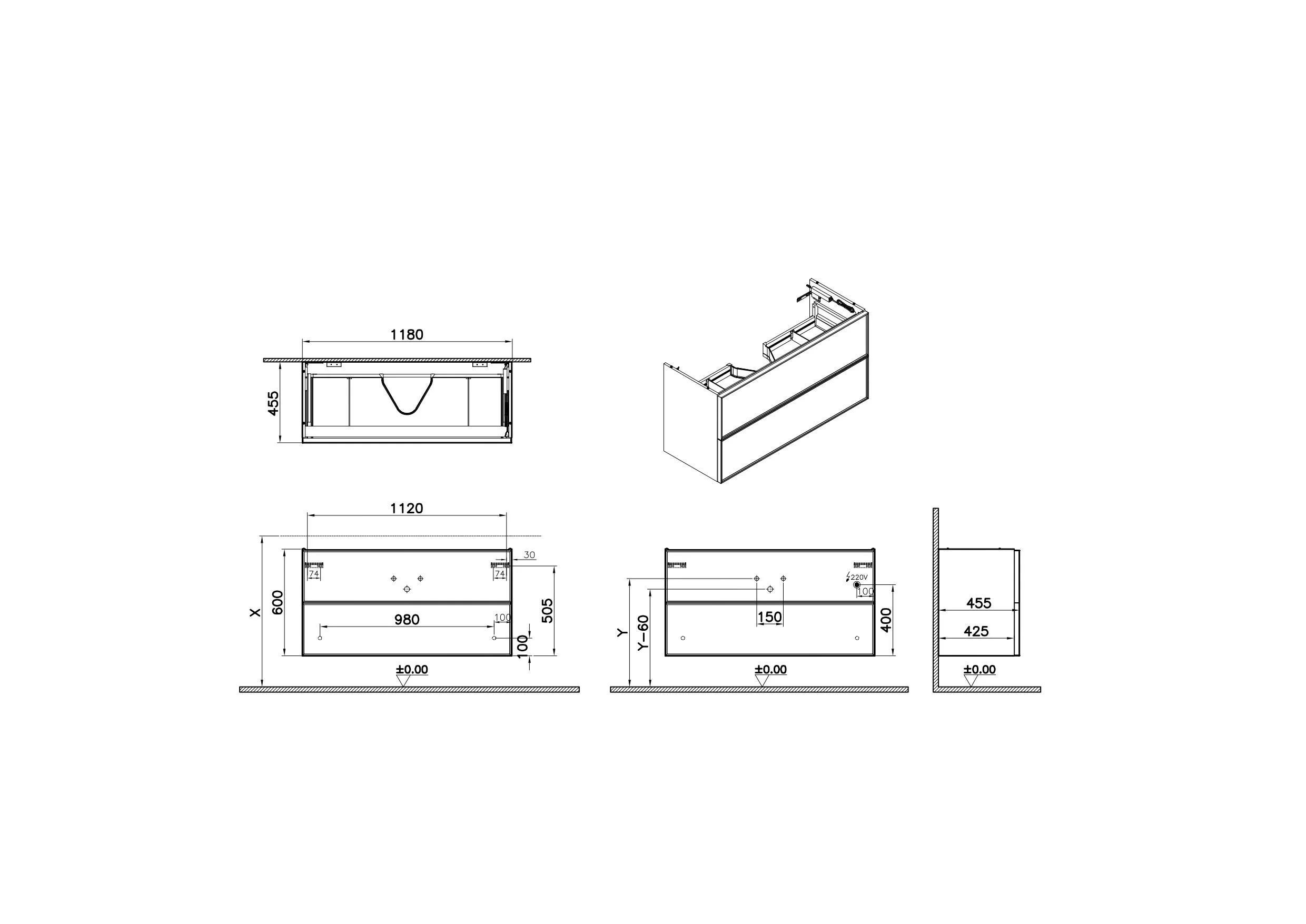 VitrA New Metropole Edge Waschtischunterschrank, 118 x 45,5 x 60 cm, Eiche Schwarz, 2 Vollauszüge mit Softclose & Push-Open, LED-Innenbeleuchtung, Sensorsteuerung
