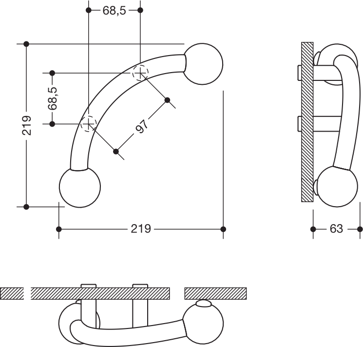 Trennwandgriff, a=97mm reinweiß