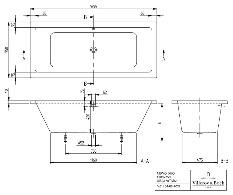 Villeroy & Boch Badewanne „Newo“ rechteck 170 × 75 cm
