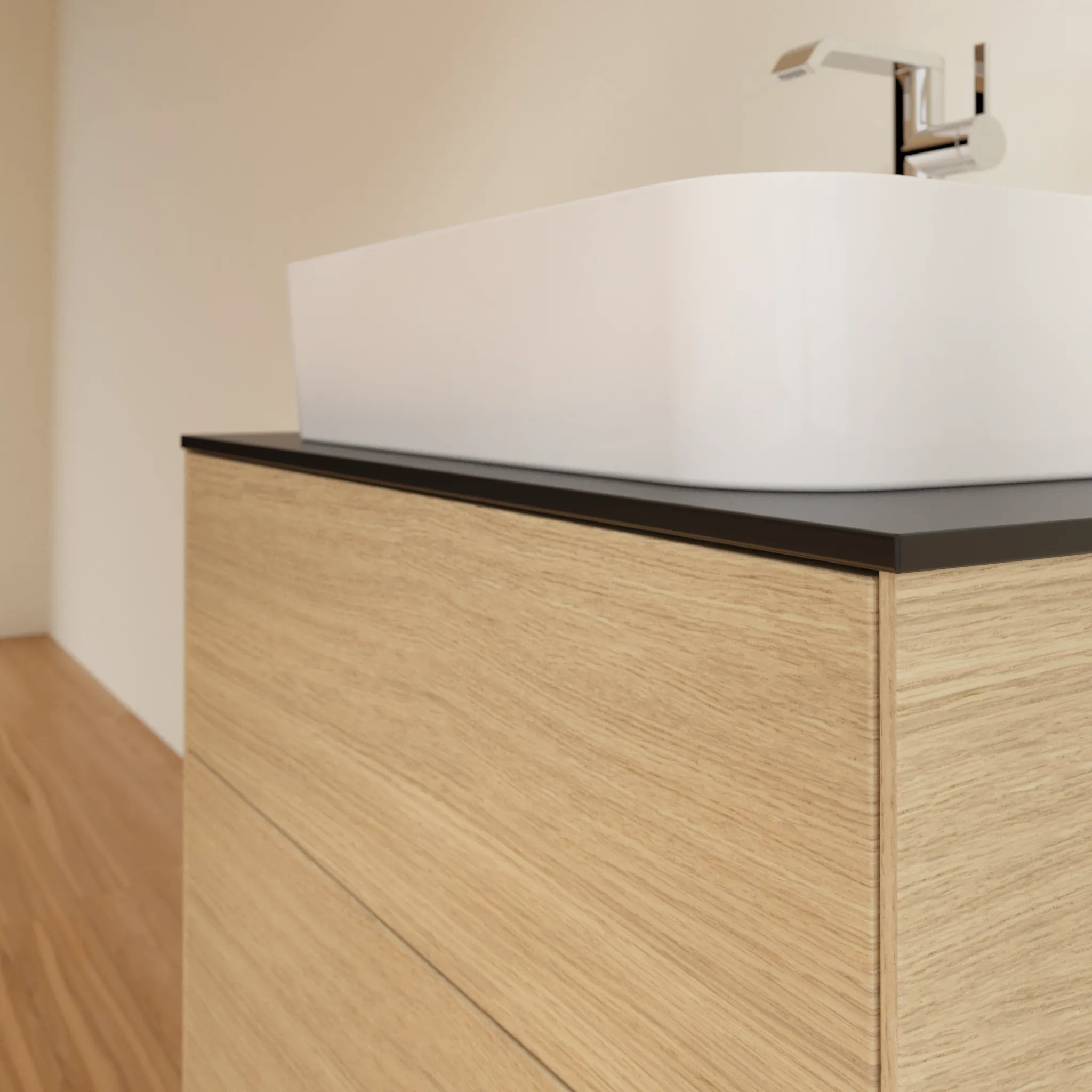 Villeroy & Boch Waschbeckenunterschrank Finion F09, Eckig Oak Veneer mit Glass Black Matt Abdeckplatte, 800 x 603 x 501 mm, 2 Auszüge mit SoftClosing und Push-to-open Funktion