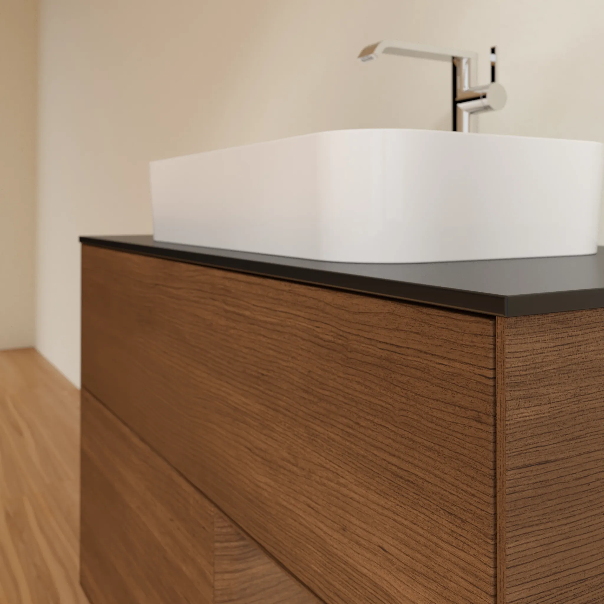 Villeroy & Boch Waschtischunterschrank „Finion“ für Schrankwaschtisch 1000 × 603 × 501 mm Walnut Veneer, mit Hahnlochbohrung, für Becken mittig