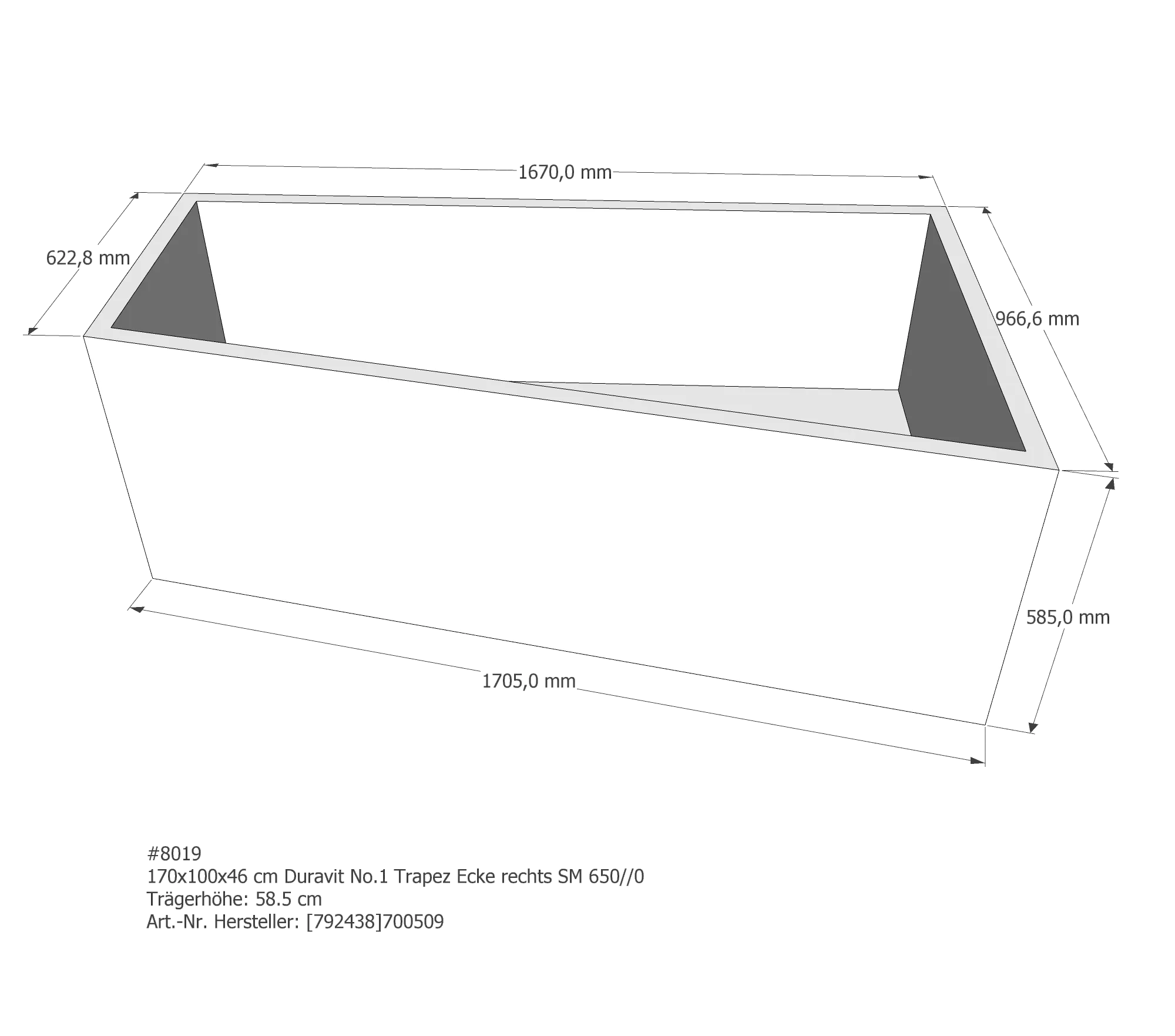 Badewannenträger passend für Duravit No.1 rechts 170 × 100 × 46 cm