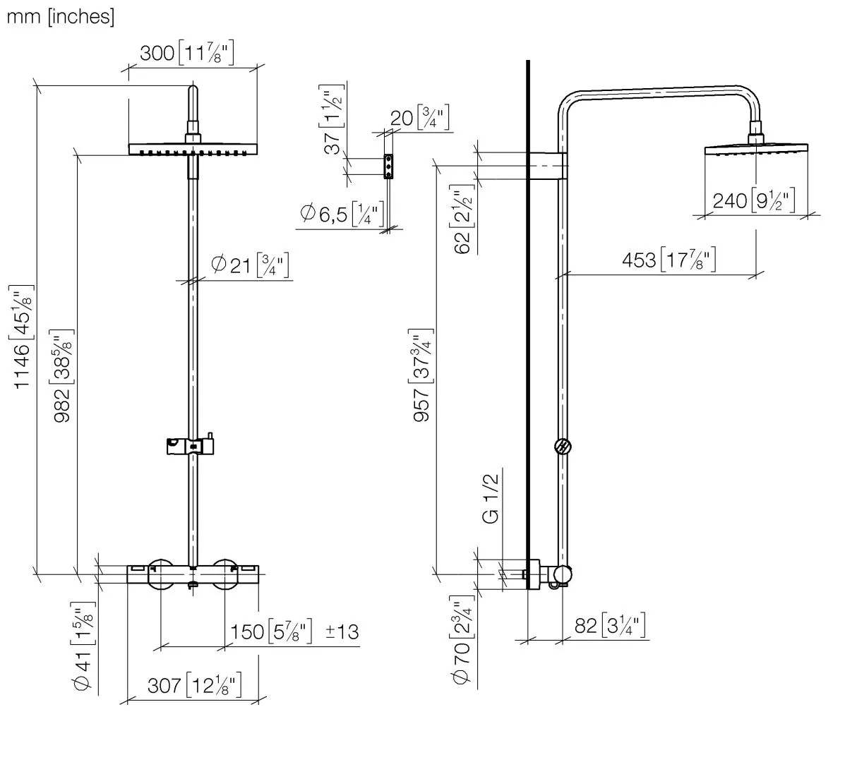 Dornbracht Showerpipe mit Brause-Thermostat, SERIENSPEZIFISCH Chrom, 300 mm Höhe, 453 mm Ausladung, 1750 mm Schlauchlänge