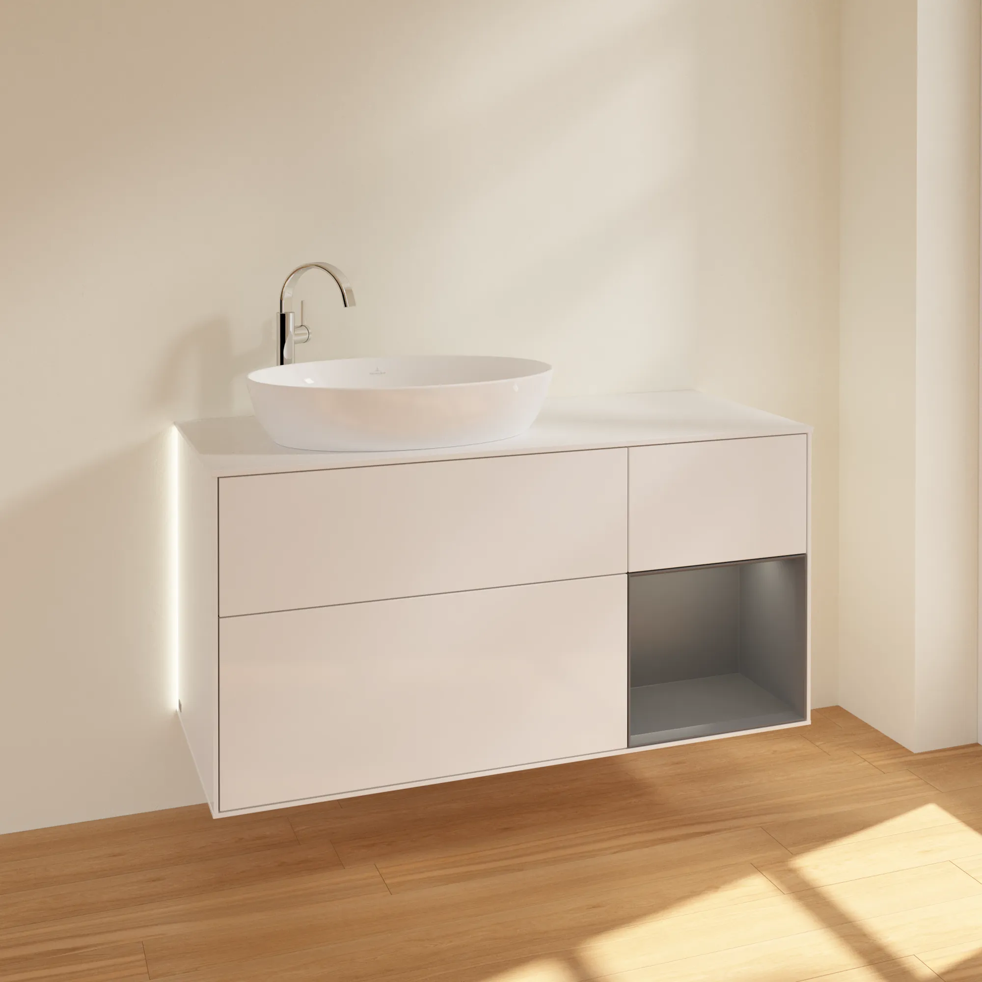 Villeroy & Boch Waschtischunterschrank „Finion“ für Schrankwaschtisch 1200 × 603 × 501 mm Glossy White Lacquer, für Becken links, mit Hahnlochbohrung