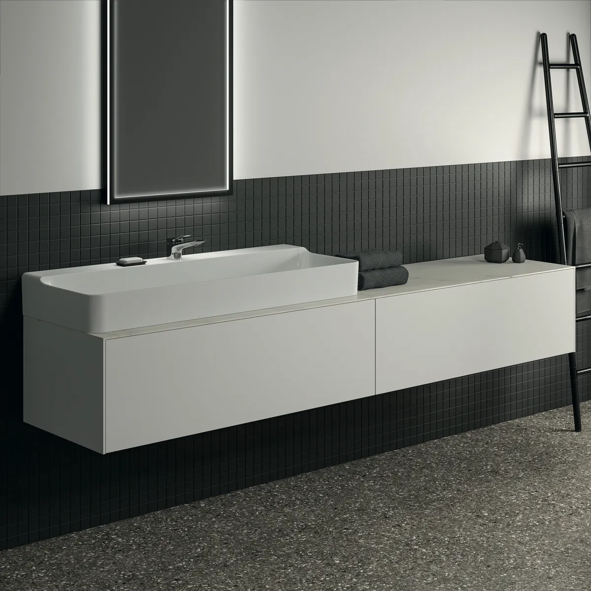 Waschtischplatte Conca, aus Keramik, 2387x505x6mm, Marmor Noir Desir