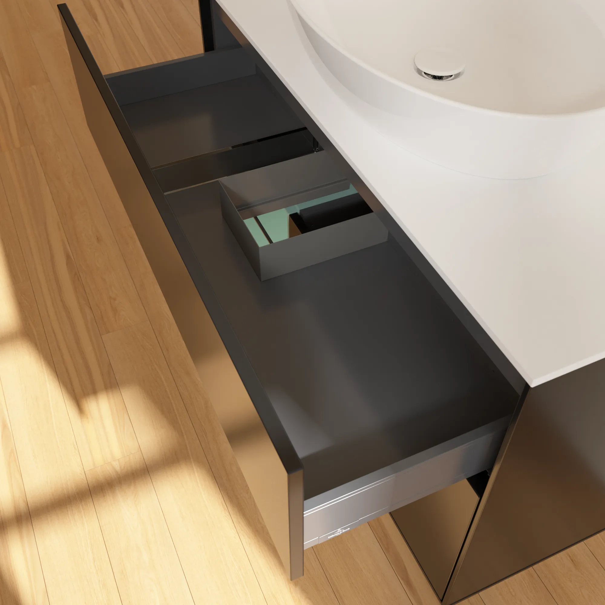 Villeroy & Boch Waschbeckenunterschrank Finion F89, 1000x603x501 mm, Black Matt Lacquer mit Olive Regal, Beleuchtung dimmbar, Push-to-open, SoftClosing Villeroy & Boch Waschbeckenunterschrank Finion F89, 1000x603x501 mm, Black Matt Lacquer mit Olive Regal, Beleuchtung dimmbar, Push-to-open, SoftClosing